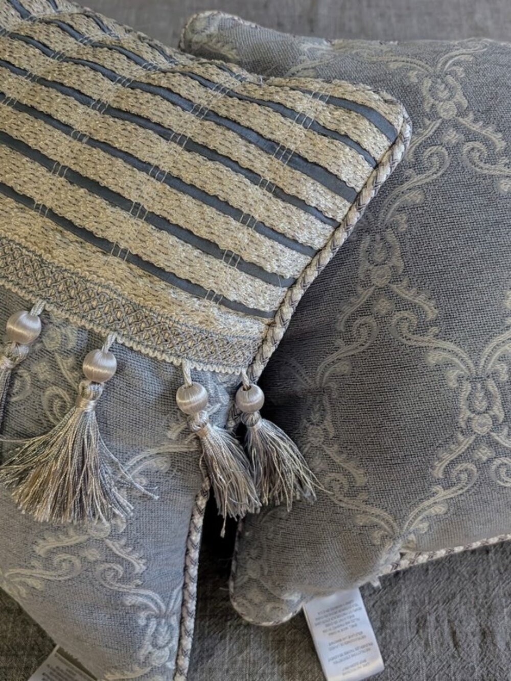 Set of TWO Croscill gray damask fringed cushion decorative pillows
